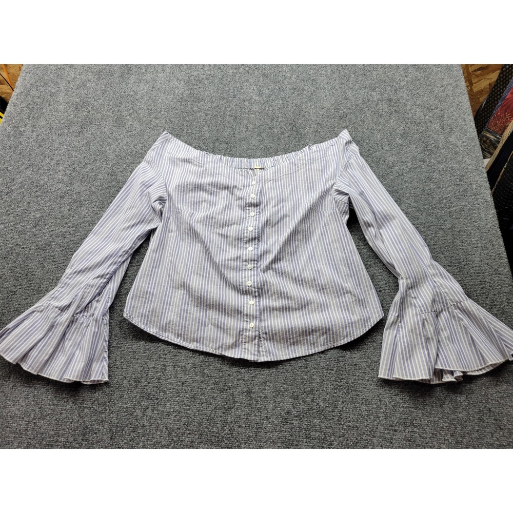 Free People Blue White Striped Off Shoulder Bell Sleeve Button Front Blouse L